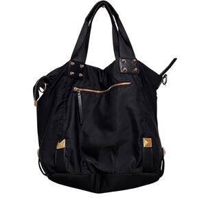 Aqua Madonna Black Nylon Shoulder Satchel Gold Hardware Zip Closure Tote Bag